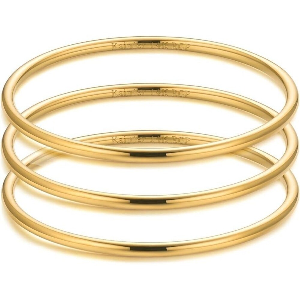 3mm 14K Gold Plated Bracelet Stainless Steel Stackable Round Bangle, 8.5 inches
